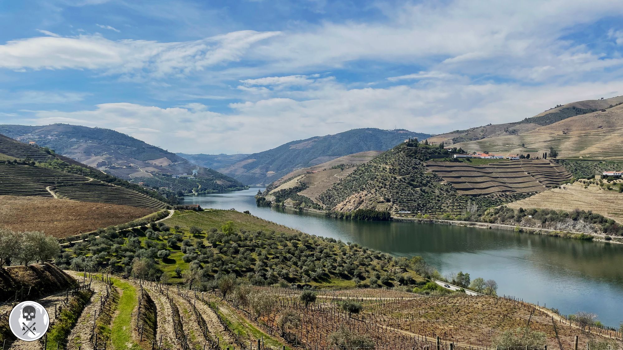 Douro Valley hills covered in vineyards surround the Douro River